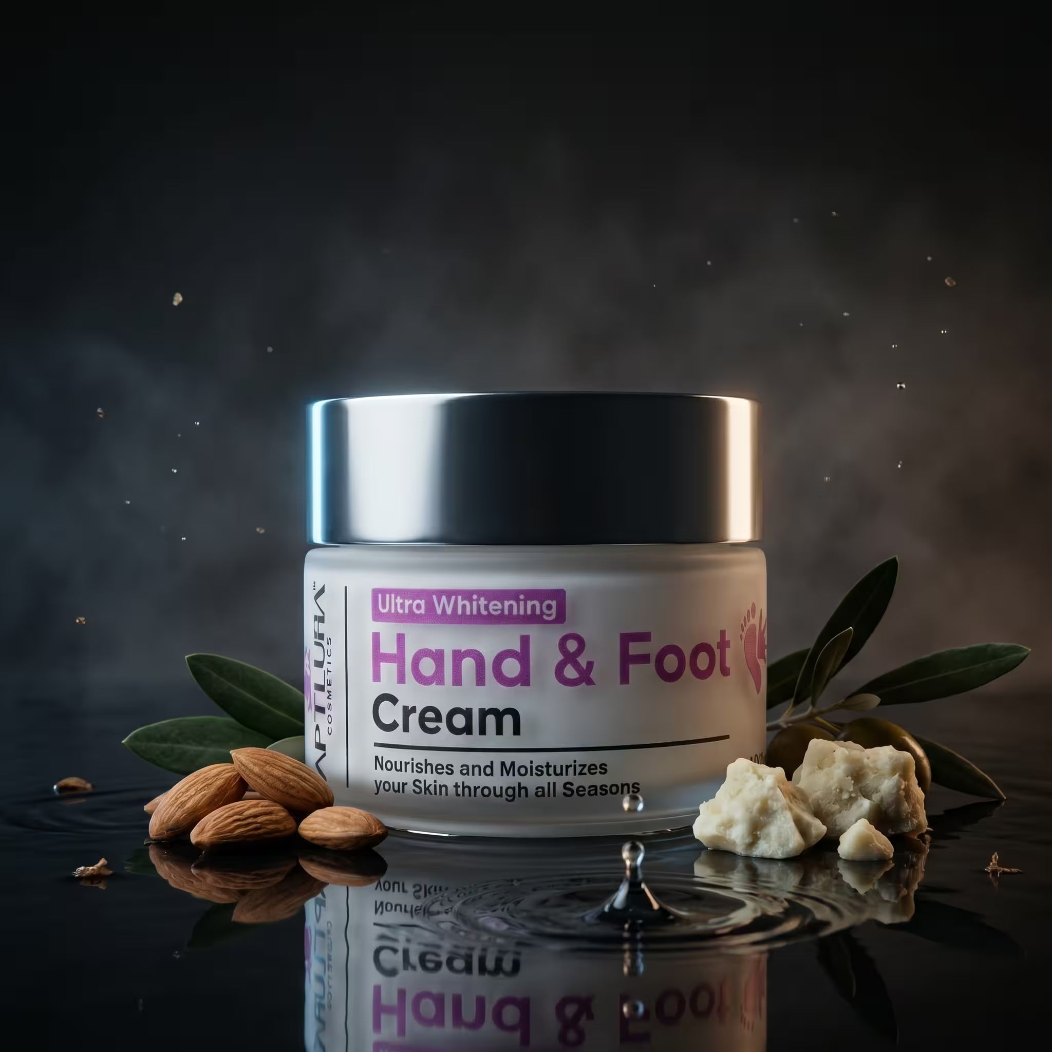 Hand and foot cream jar with ingredients on a dark background