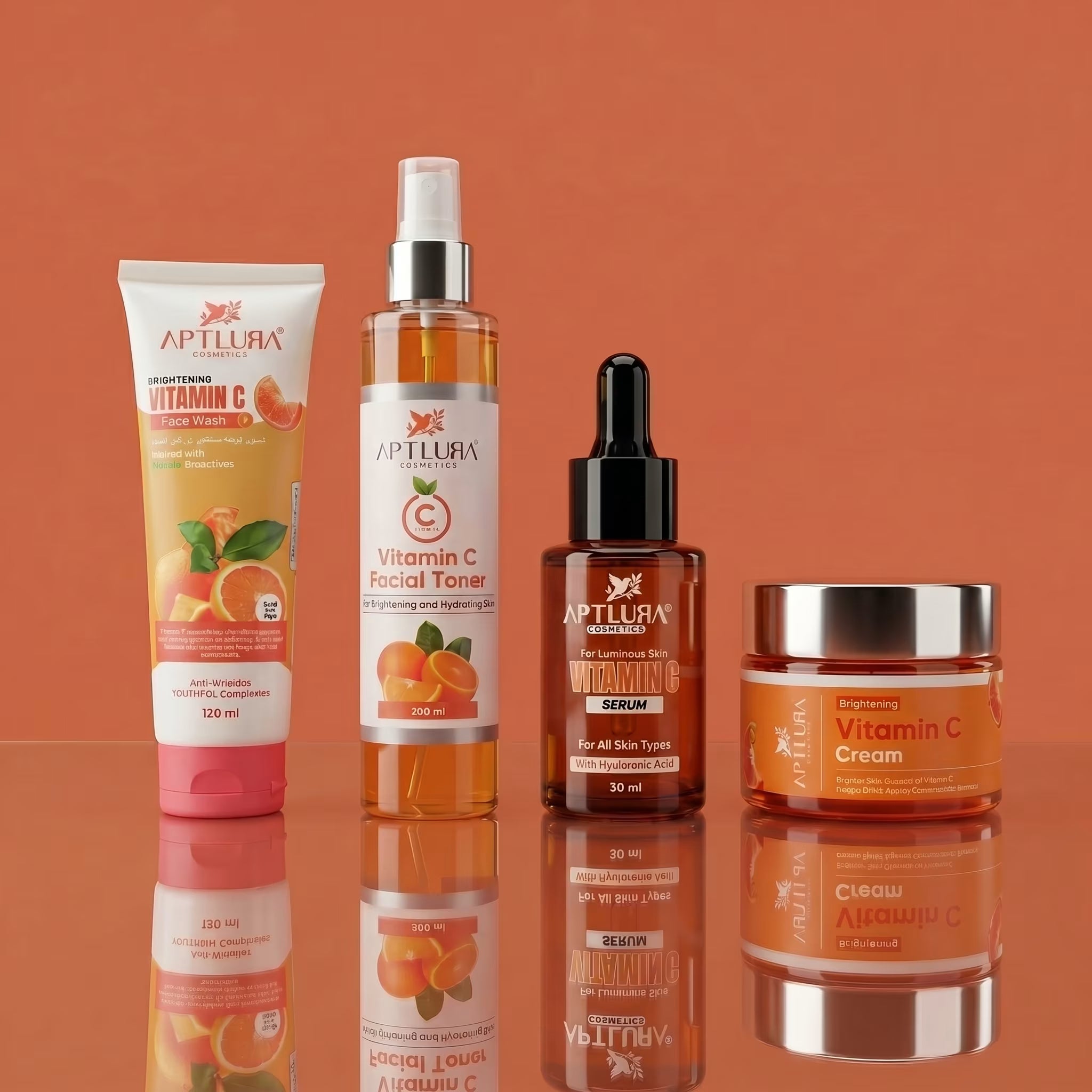 Aptlura Vitamin C skincare products on an orange background