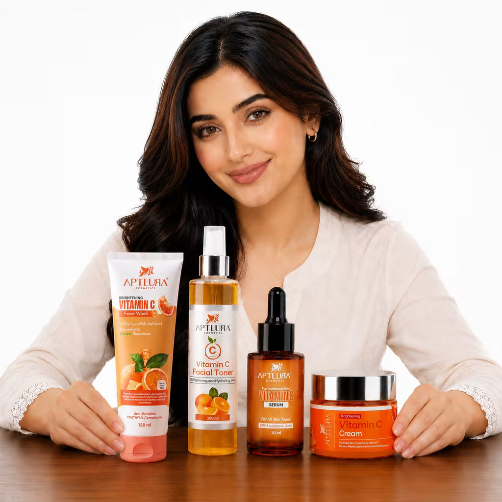 Woman with a row of Aptlura Vitamin C skincare products on a white background