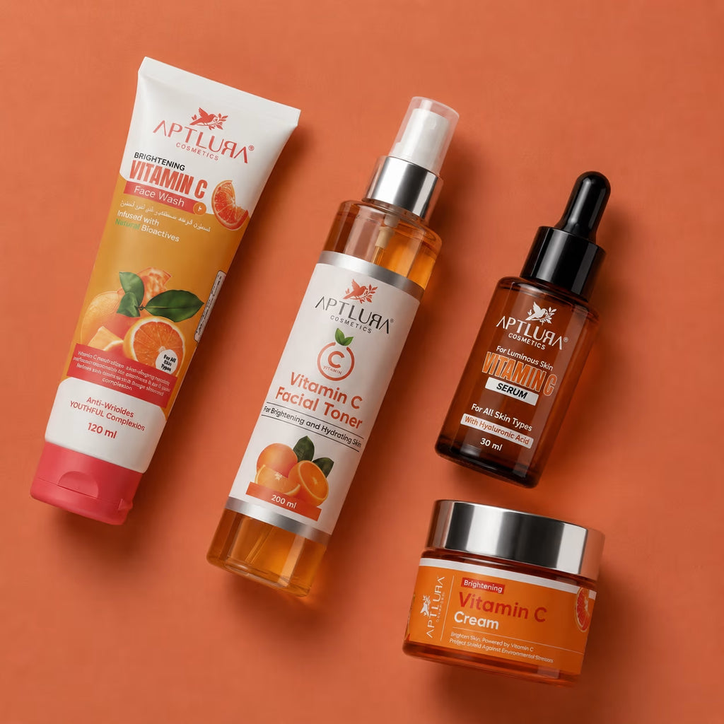 Aptlura Vitamin C skincare products on an orange background
