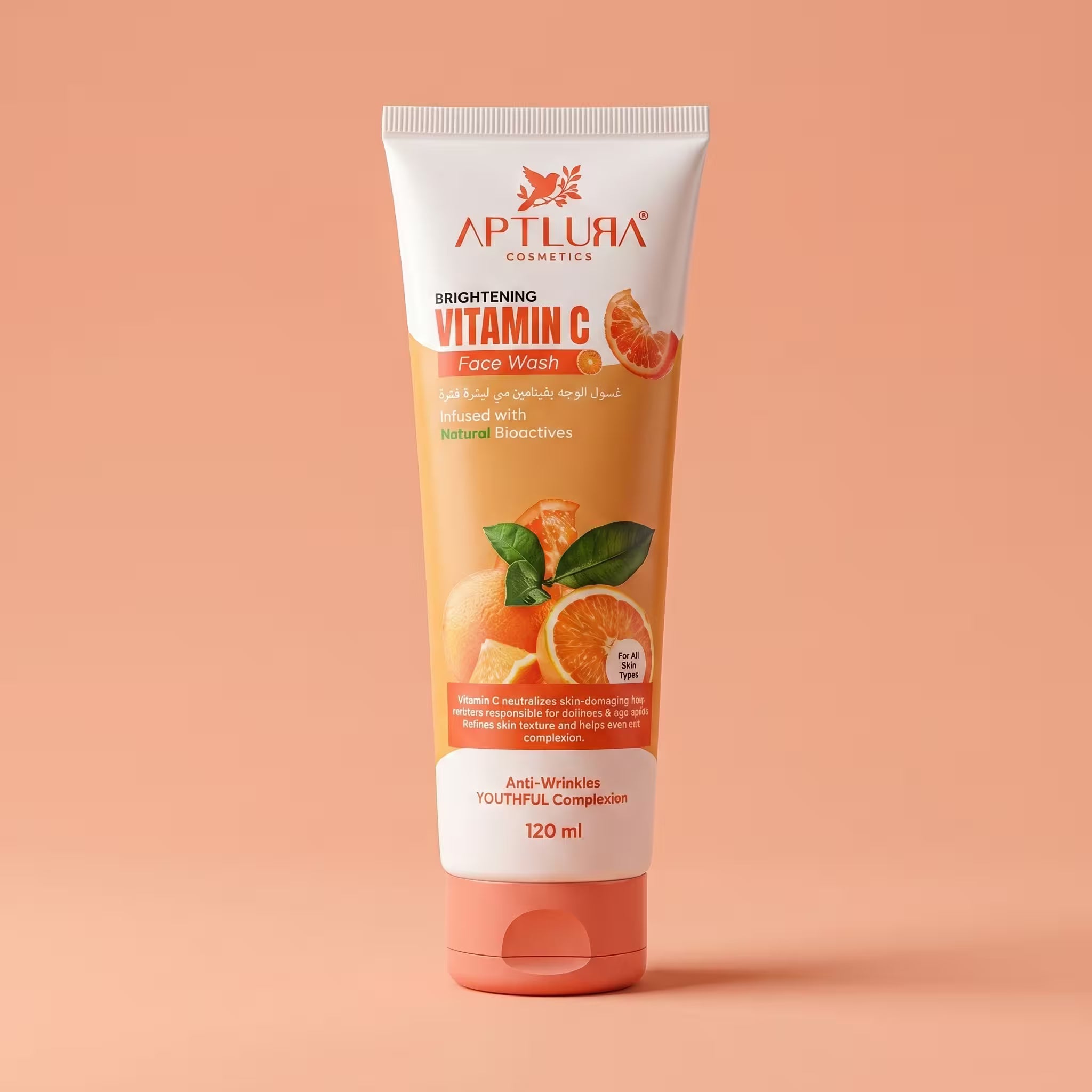 Tube of Aptlura Vitamin C Face Wash on a peach background
