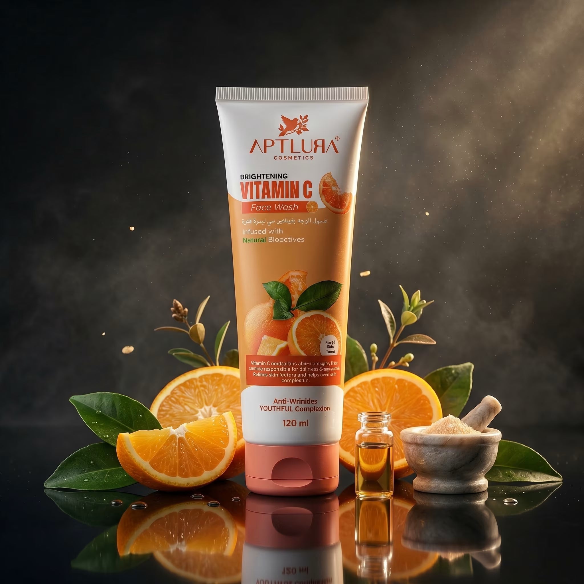 Tube of Aptlura Cosmetics Brightening Vitamin C Face Wash with oranges and leaves on a reflective surface