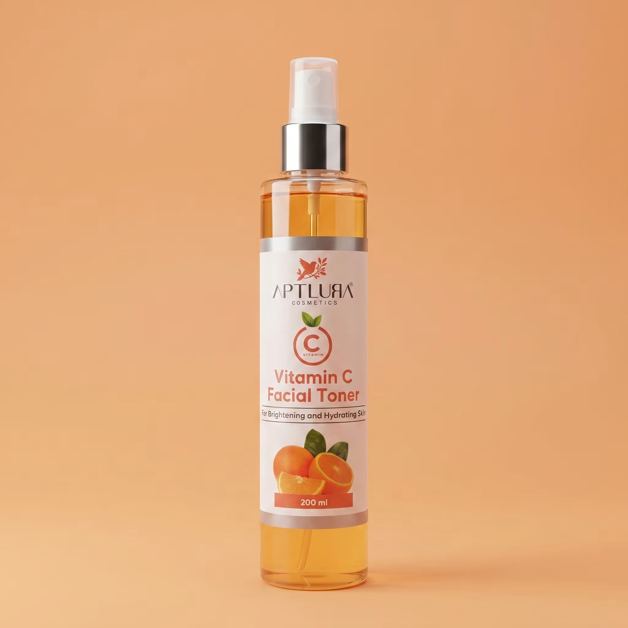 Vitamin C facial toner bottle with a label on an orange background