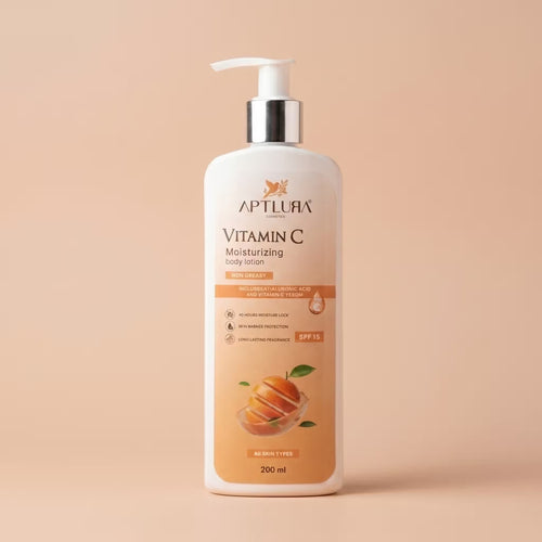 Aptlura Vitamin C moisturizing body lotion bottle on a beige background