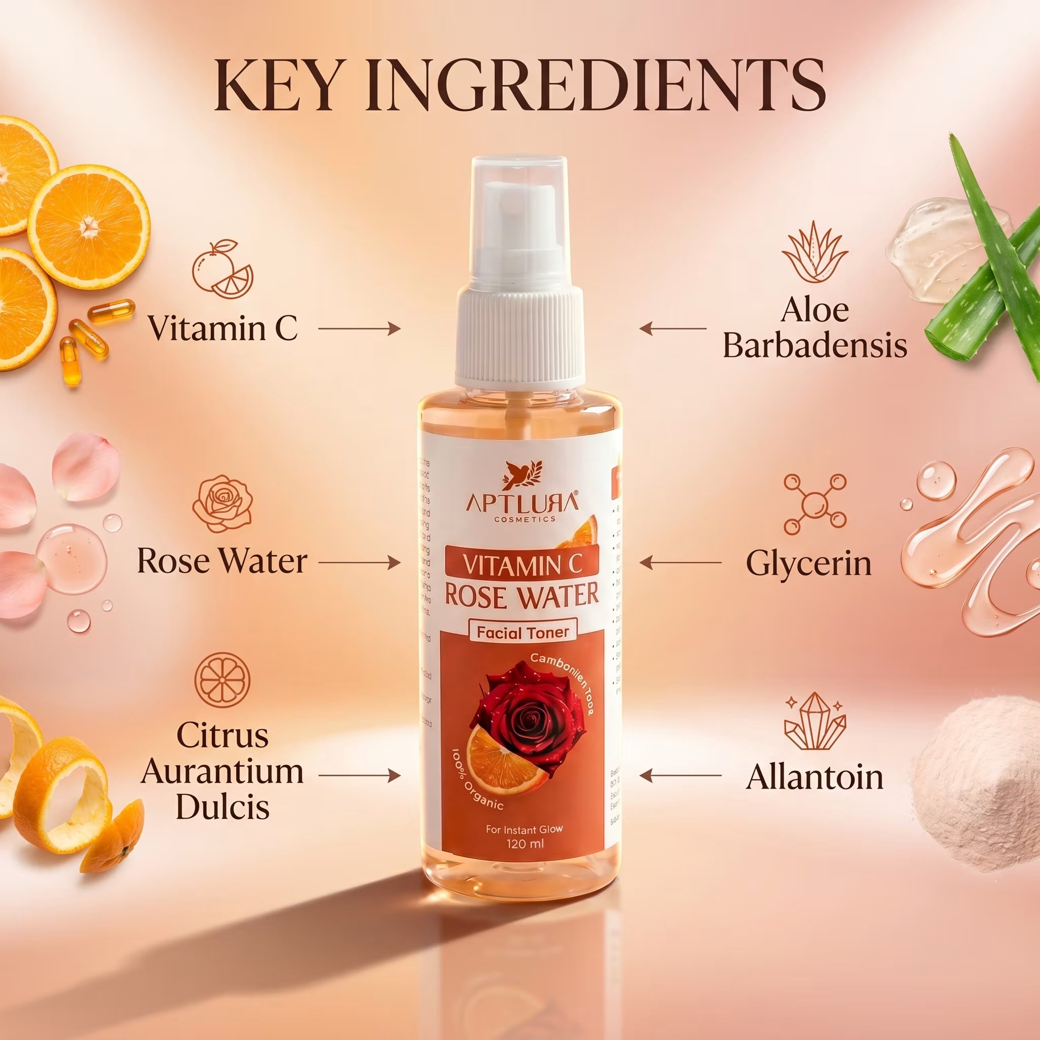 Facial toner bottle with key ingredients labeled on a pink background