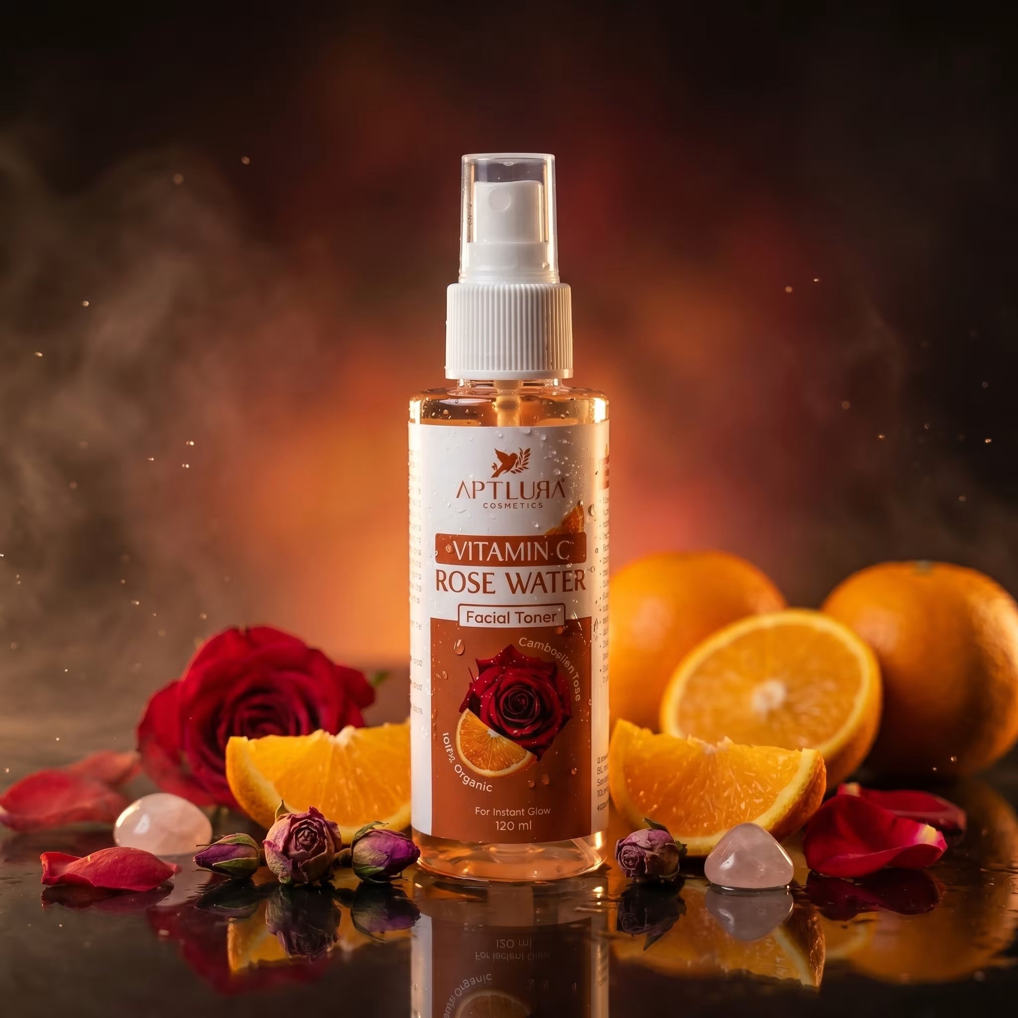 Bottle of Aptlura Vitamin C Rose Water Facial Toner with oranges and roses on a dark background