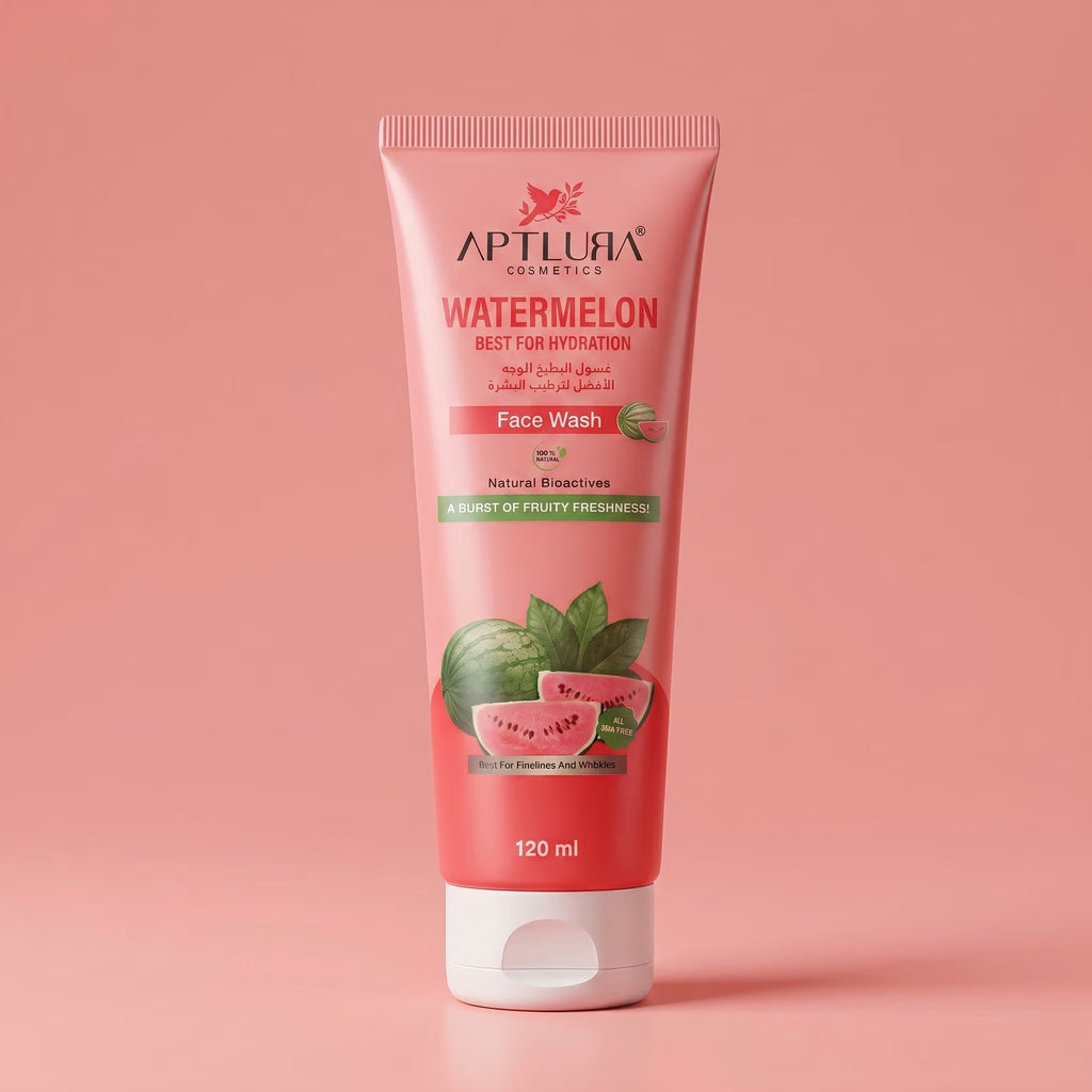 Aptura Watermelon Face Wash tube on a pink background