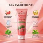 Aptlura Watermelon Face Wash with key ingredients on a pink background