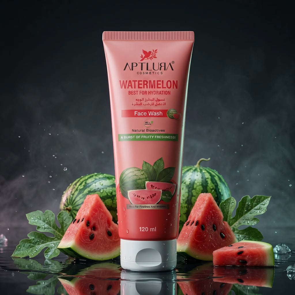 Aptlura Watermelon Face Wash tube with watermelons on a reflective surface
