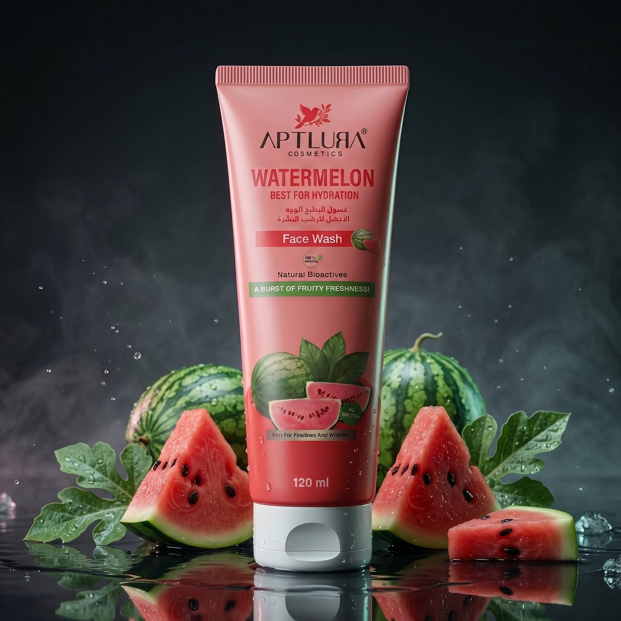 Aptlura Watermelon Face Wash tube with watermelons on a reflective surface