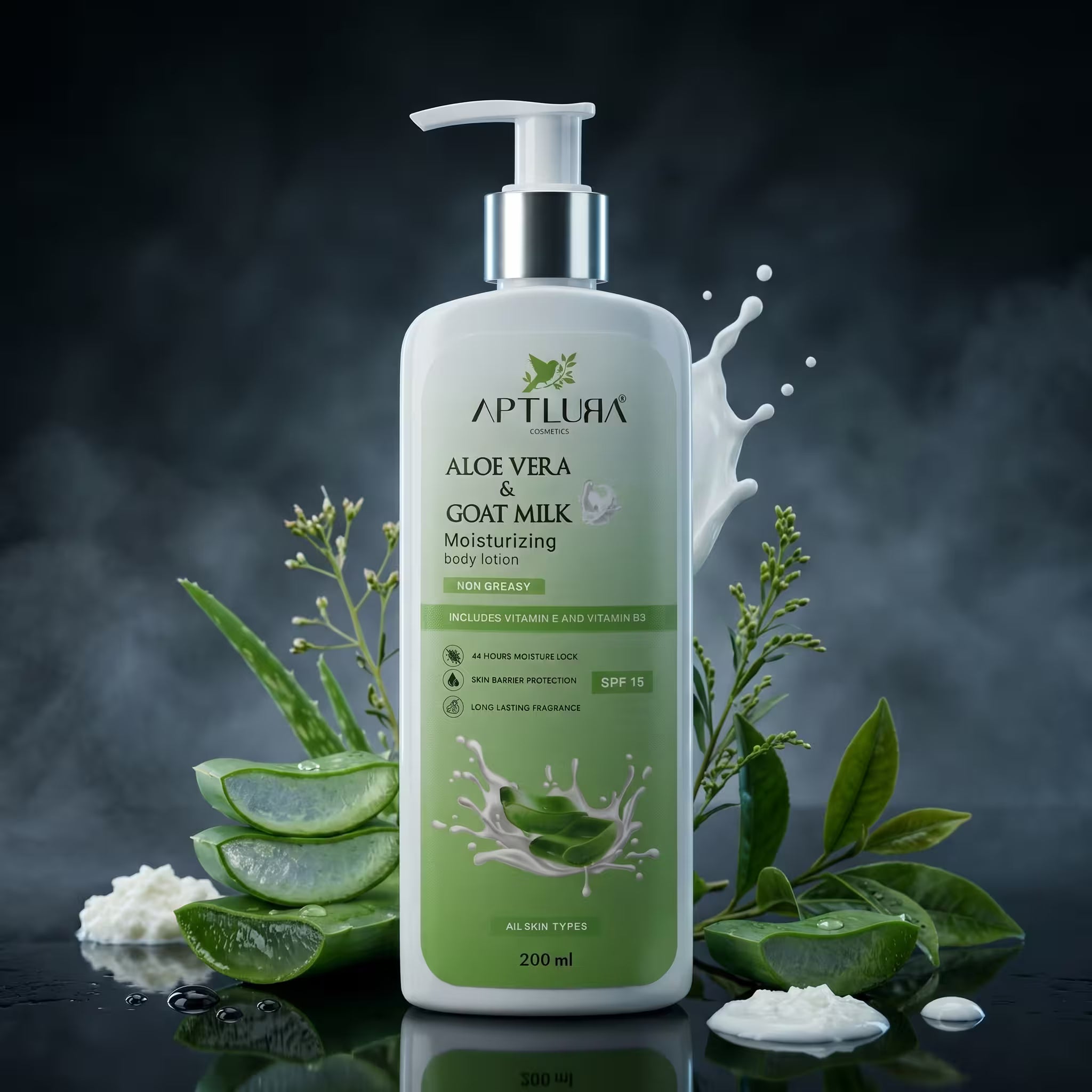 Aptlura Aloe Vera and Goat Milk moisturizing body lotion with aloe vera leaves and milk splashes on a dark background