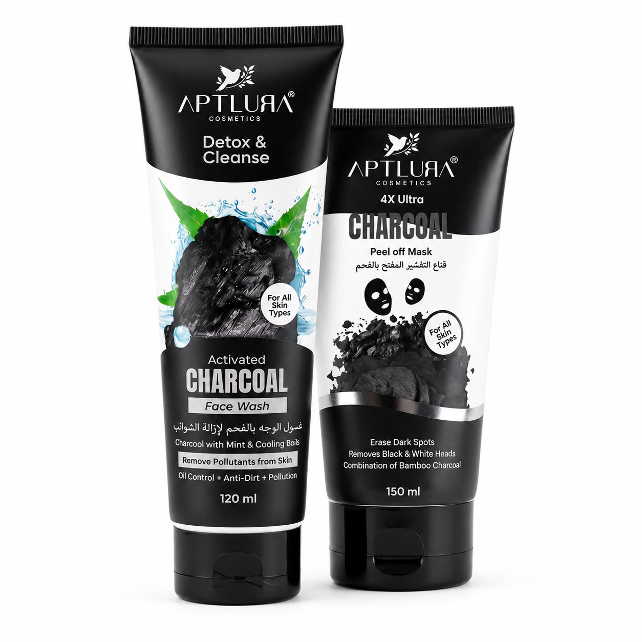 Two Aptlura charcoal face wash and peel off mask products on a white background