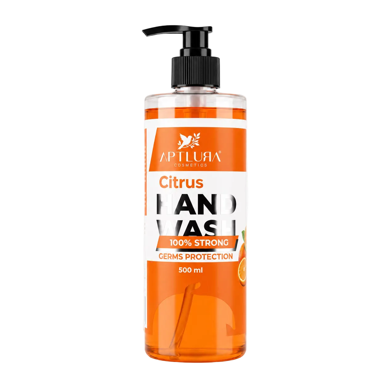 Orange hand wash bottle with pump on a white background