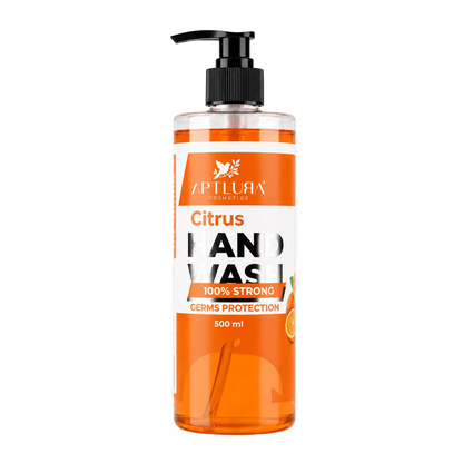 Orange hand wash bottle with pump on a white background
