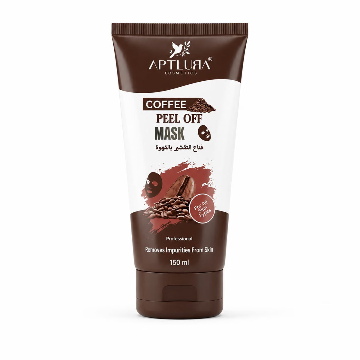 Coffee peel off mask packaging with Aptlura Cosmetics branding on a white background