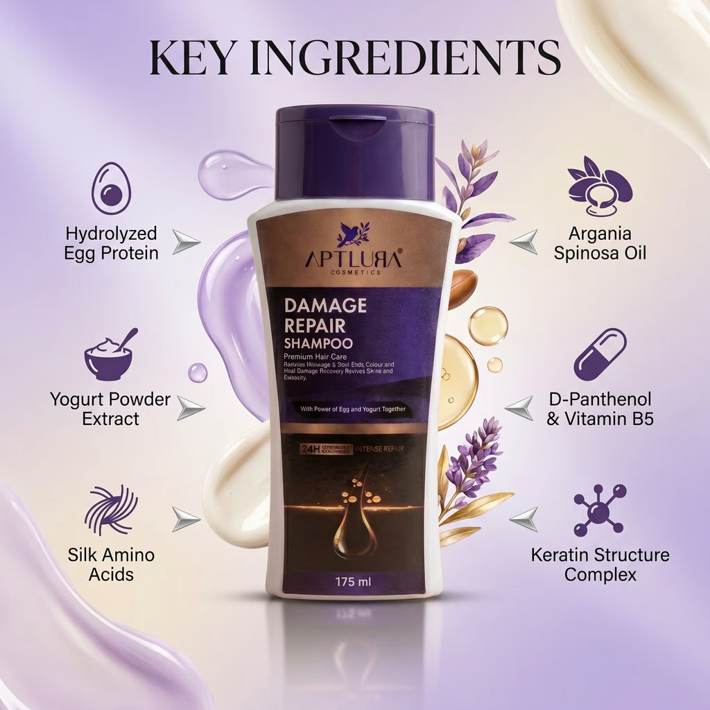 Aptlura Damage Repair Shampoo with key ingredients listed on a purple background