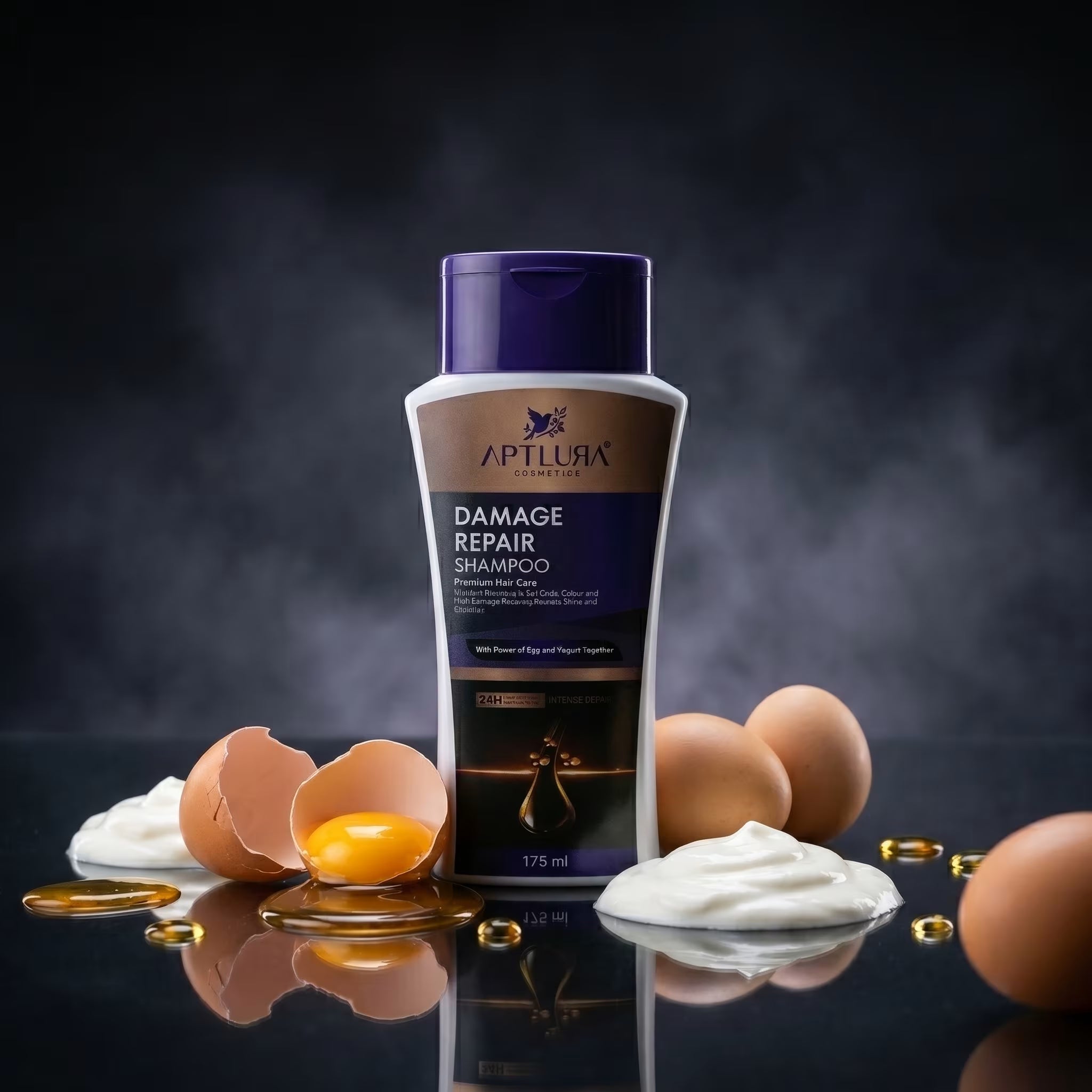 Aptlura Damage Repair Shampoo bottle with eggshells and yolks on a dark background