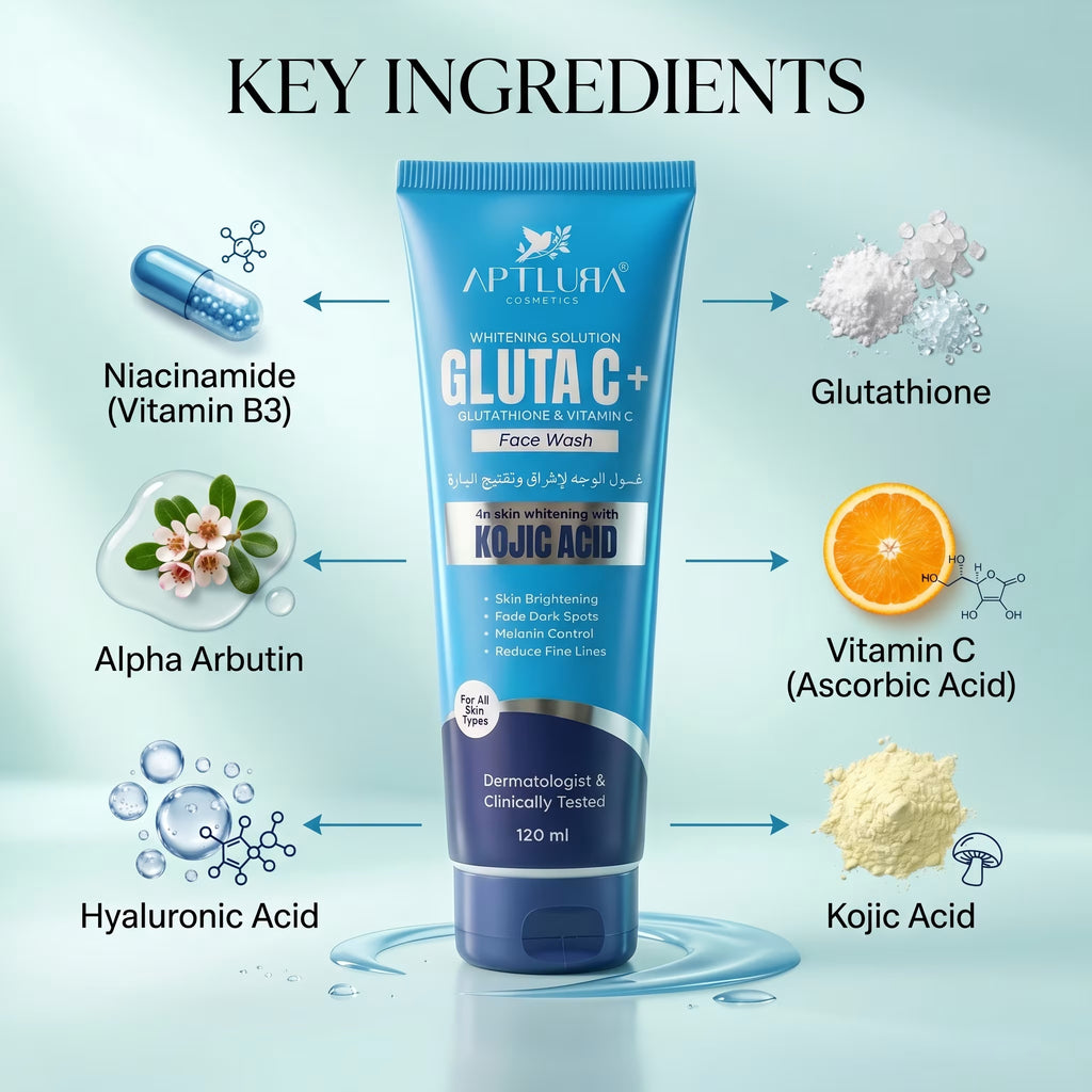 Blue tube of Aptlura Gluta C+ Face Wash with key ingredients displayed on a light blue background