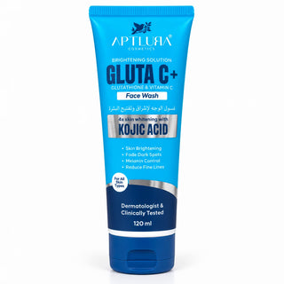 A blue tube of Aptlura Cosmetics Gluta C+ Face Wash, featuring white and silver text, set against a plain white background.