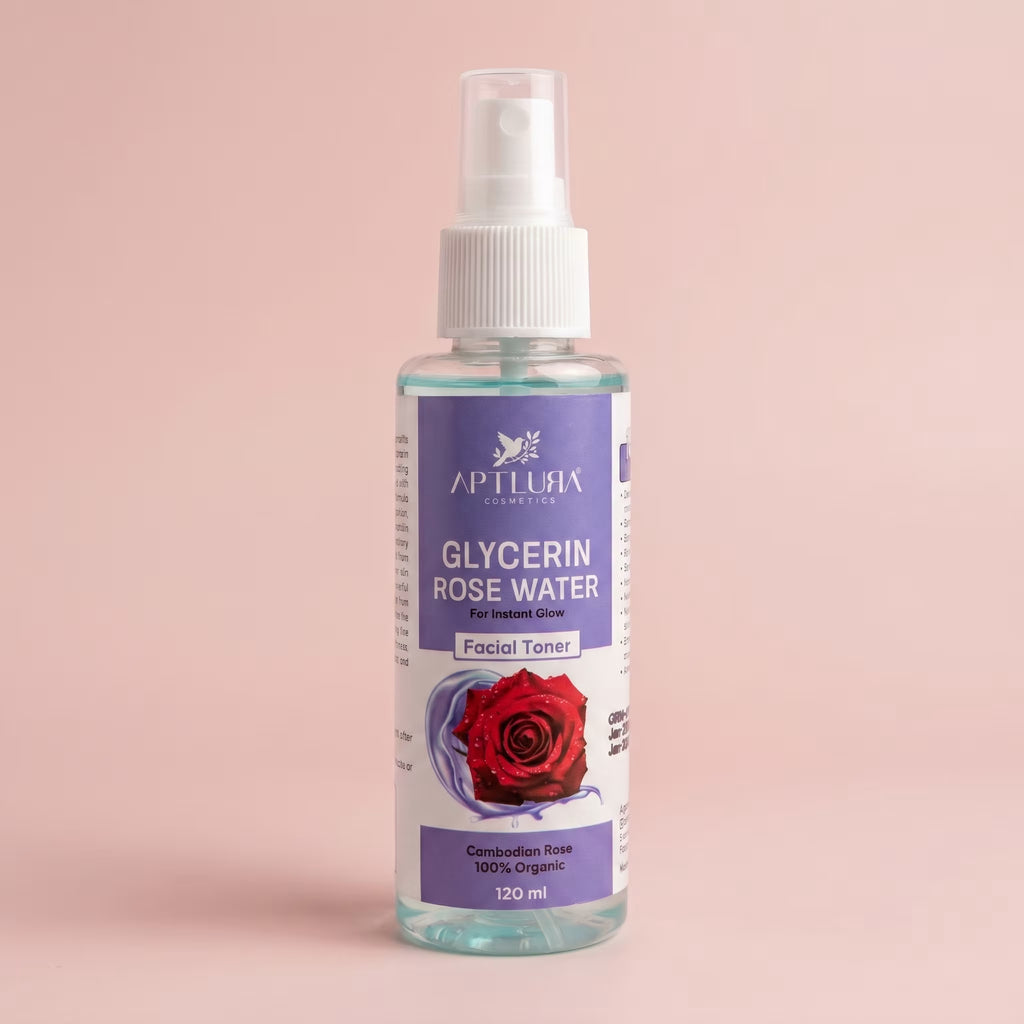 Bottle of Aptlura Glycerin Rose Water Facial Toner on a pink background