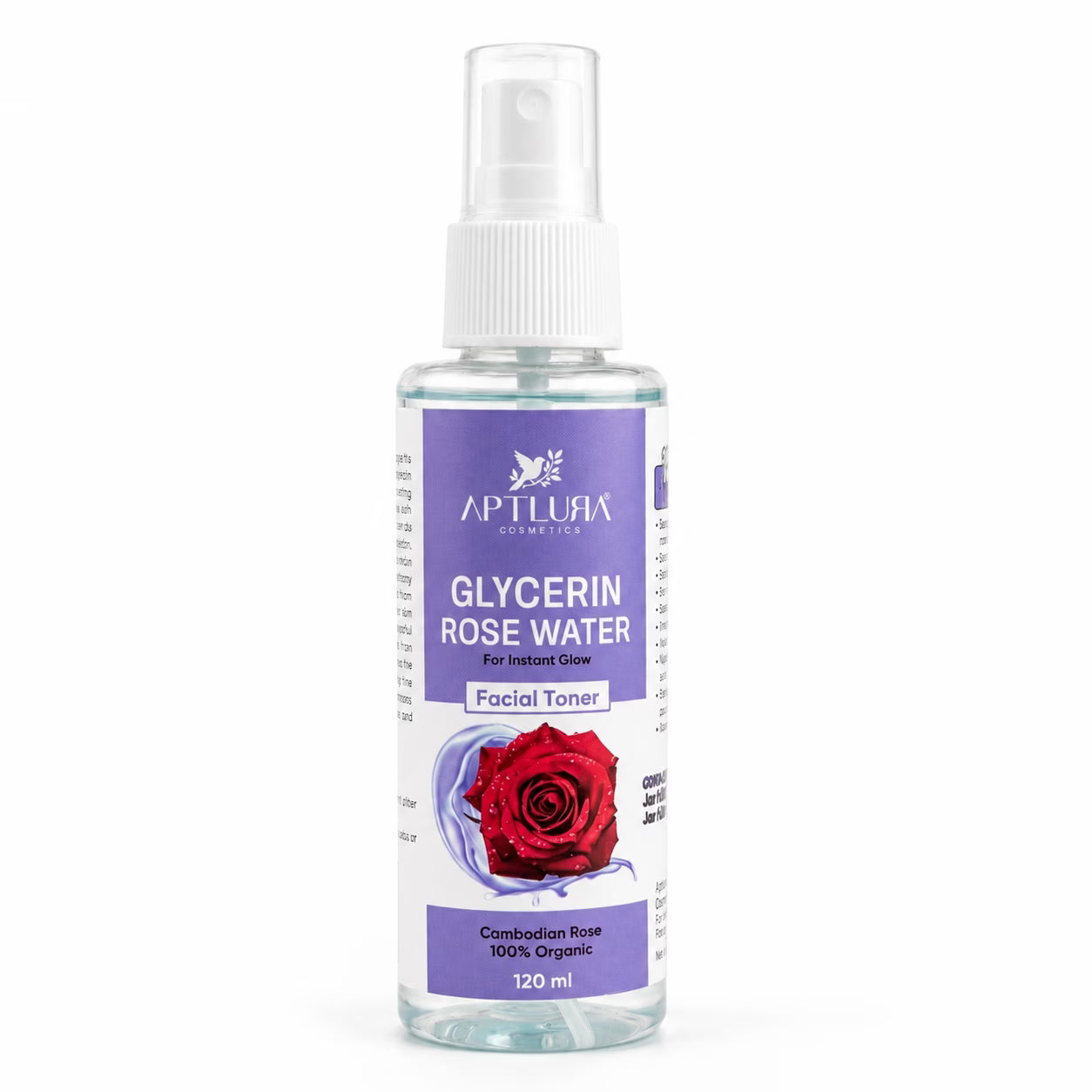 Bottle of Aptlura Glycerin Rose Water Facial Toner with a purple label and rose illustration on a white background.