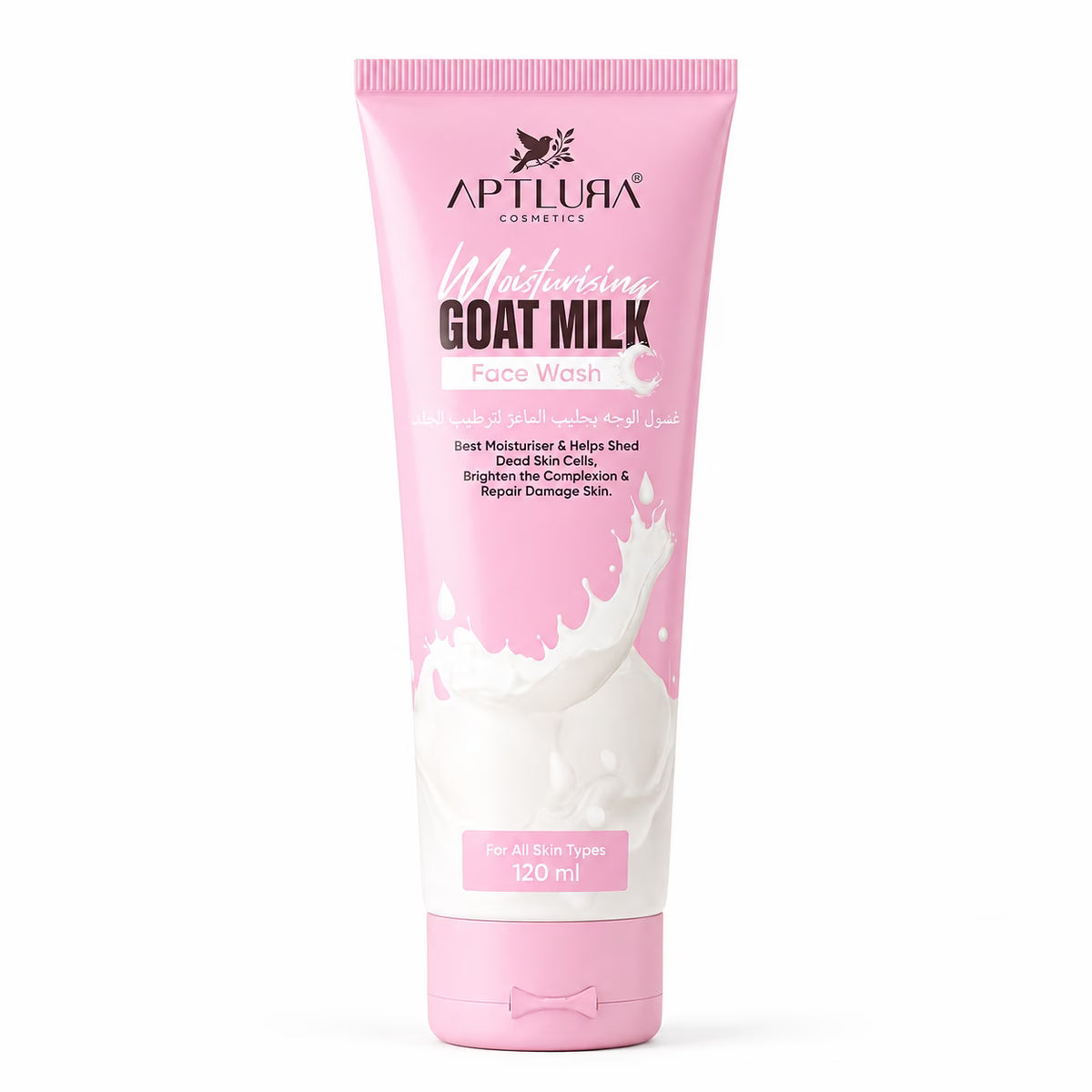 Pink tube of AptLura Cosmetics Goat Milk Face Wash on a white background
