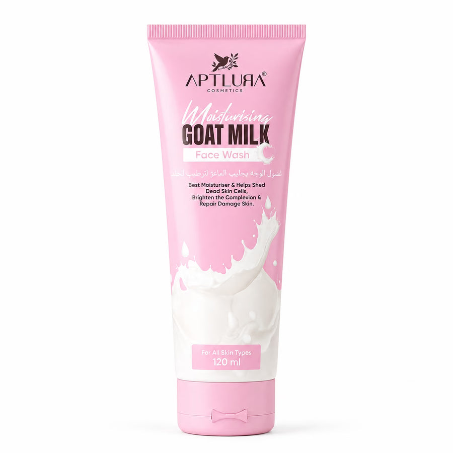 Pink tube of AptLura Cosmetics Goat Milk Face Wash on a white background