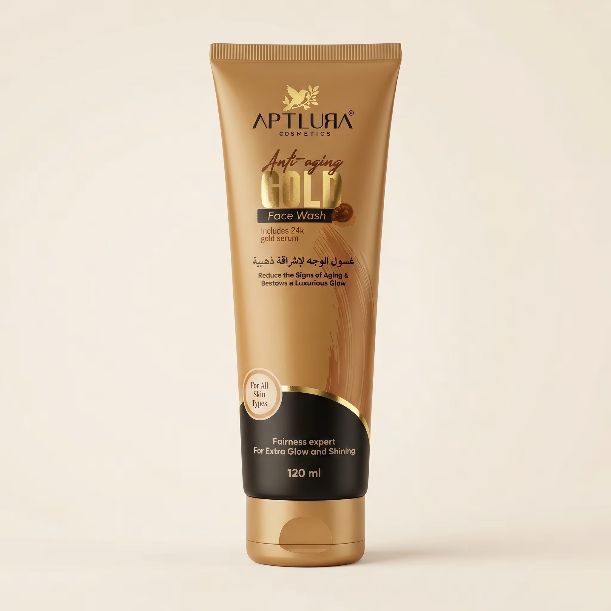 Tube of Aptlura Gold Face Wash on a beige background