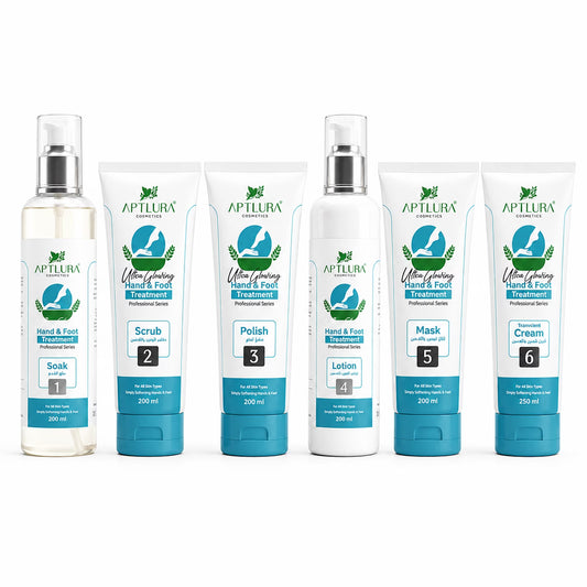 Set of Aptlura Cosmetics hand and foot treatment products on a white background