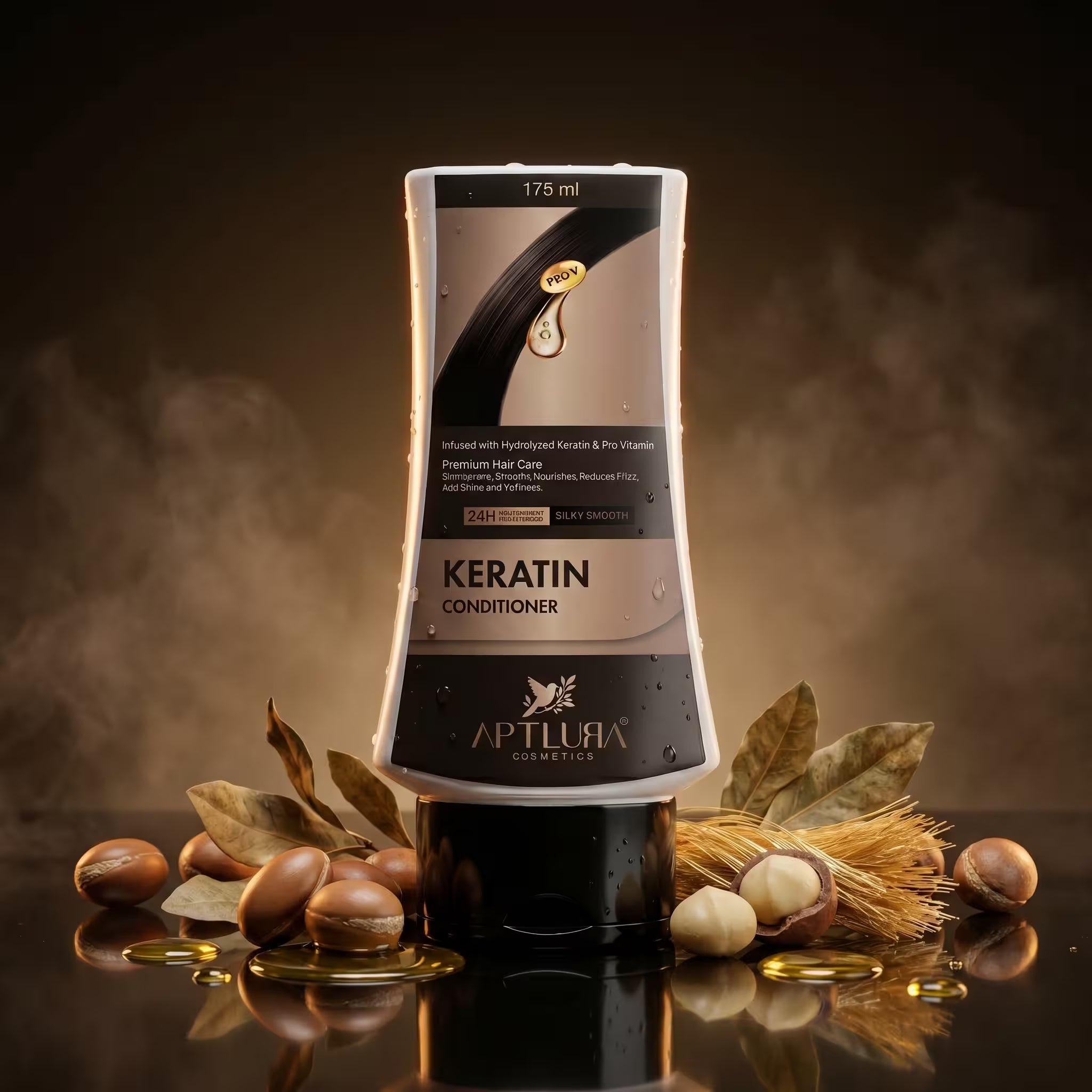 Aptlura Keratin conditioner bottle with ingredients on a dark background