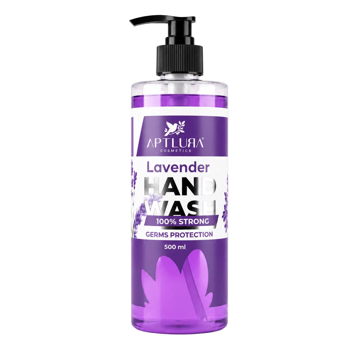 Purple hand wash bottle with pump on a white background