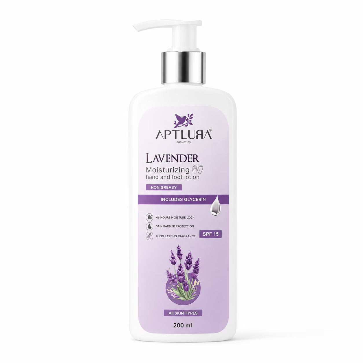 Aptlura Lavender Moisturizing hand and foot lotion bottle on a white background