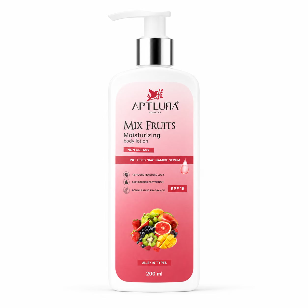 Aptlura Mix Fruits moisturizing body lotion bottle on a white background