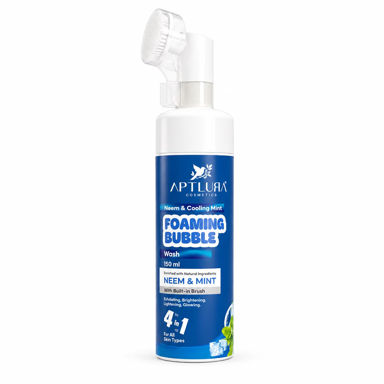 Aptlura Foaming Bubble Wash bottle with brush on a white background