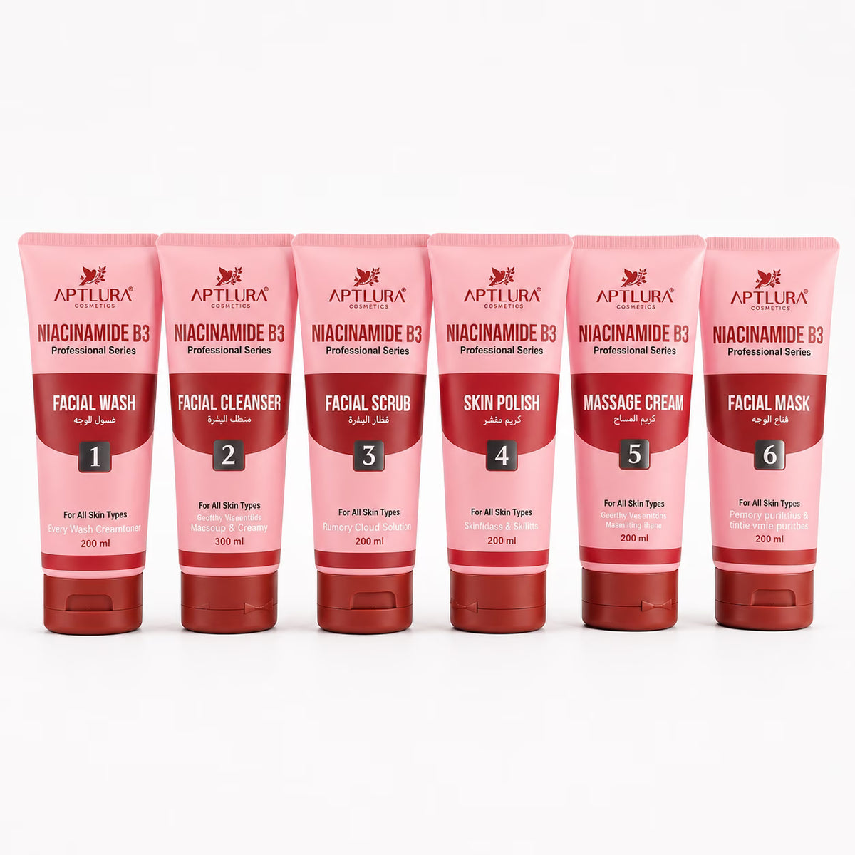 Set of Aptlura skincare products with pink and red packaging on a white background