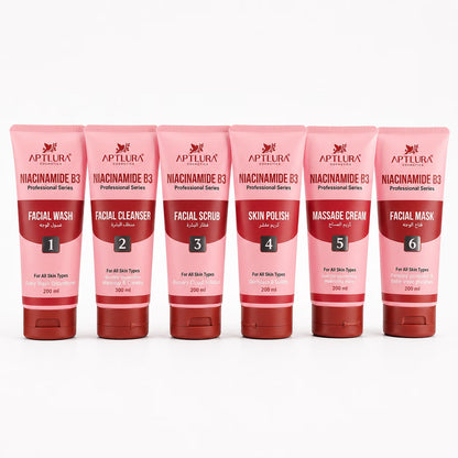 Set of Aptlura skincare products with pink and red packaging on a white background