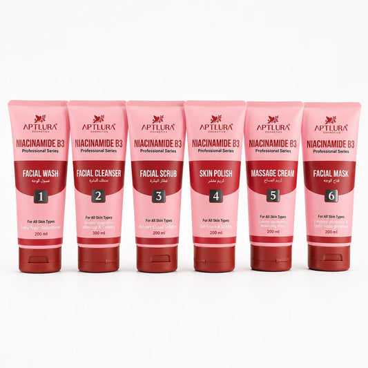 Set of Aptlura skincare products with pink and red packaging on a white background
