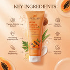 Aptlura Papaya Scrub & Facewash with key ingredients listed on a beige background