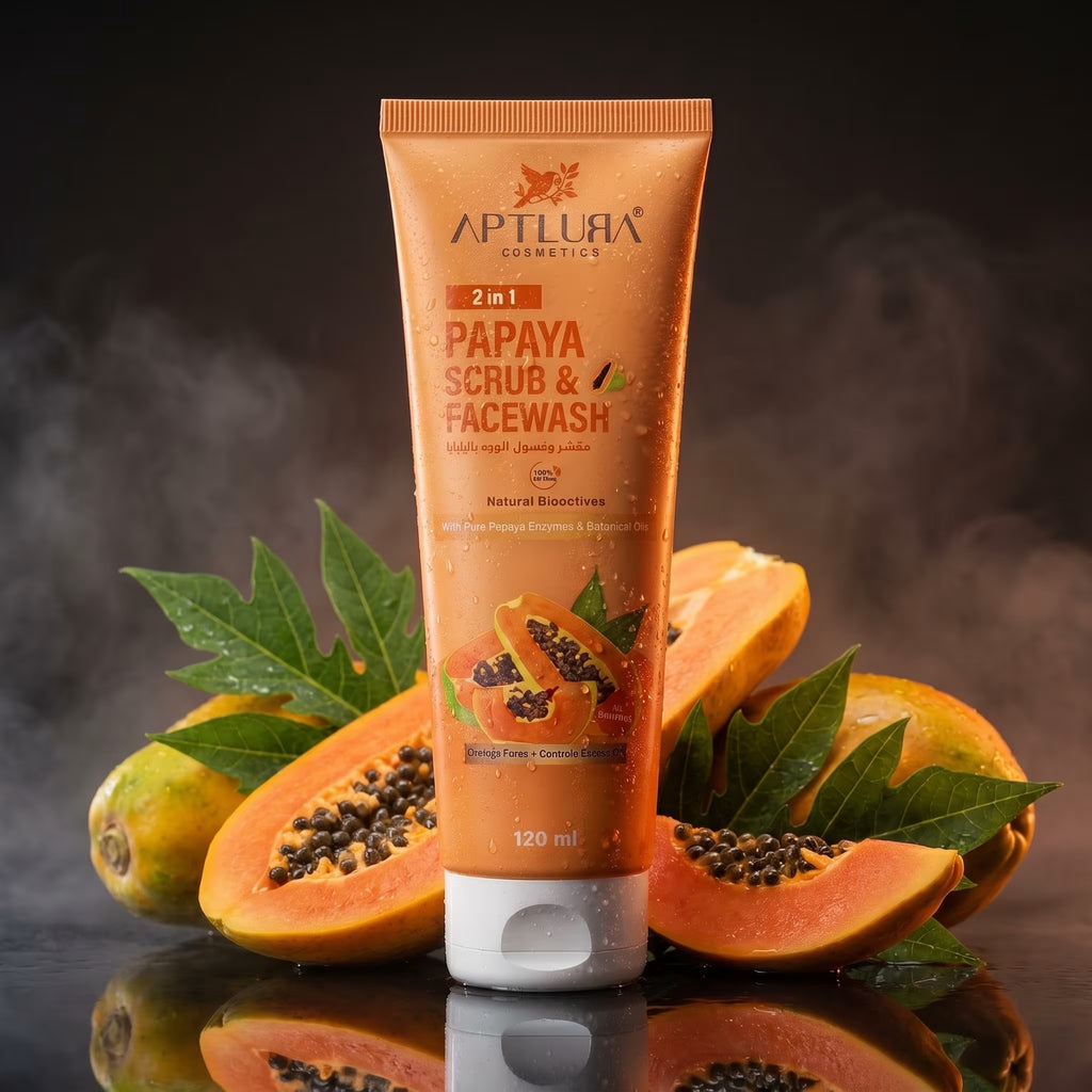 Aptlura Papaya Scrub & Facewash tube with papayas and leaves on a dark background