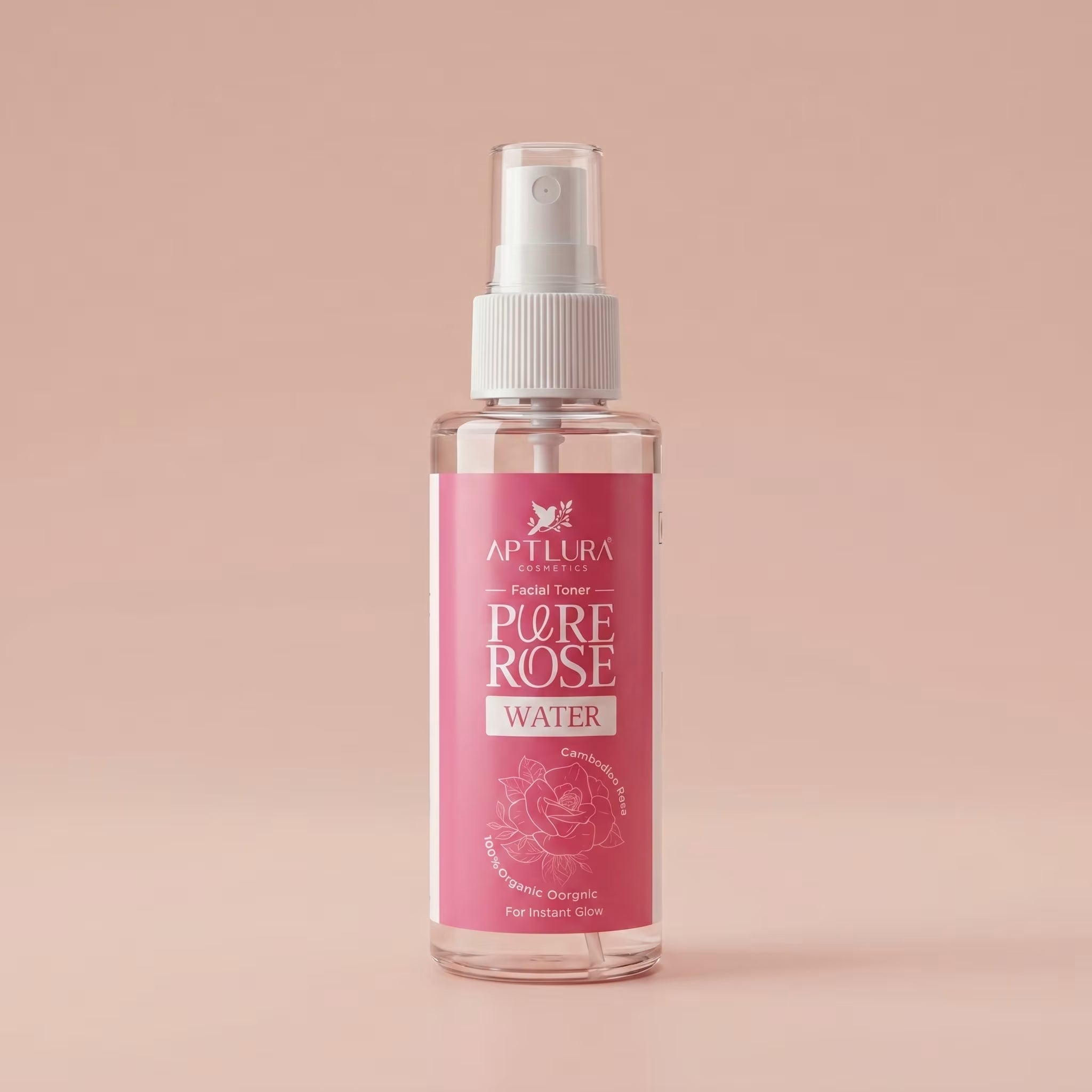 Bottle of Aptlura Pure Rose Water facial toner on a beige background