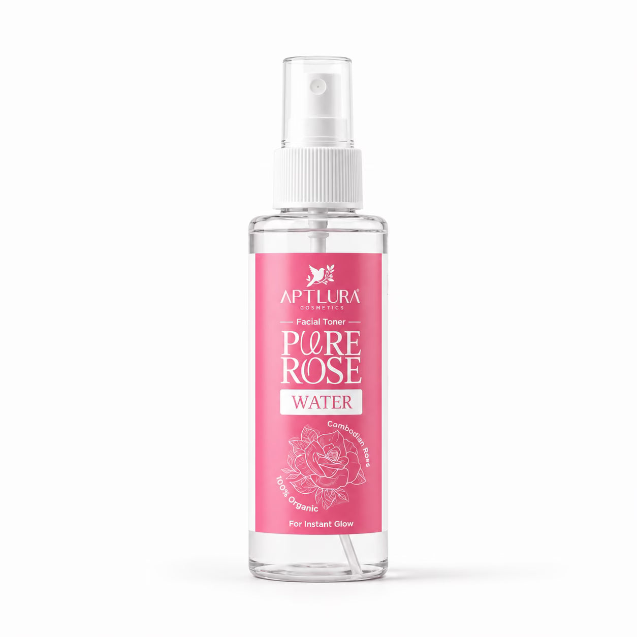 Clear spray bottle with pink label on a white background
