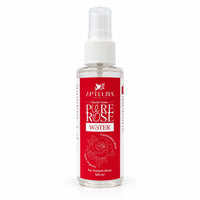 A 120 ml clear plastic spray bottle of Aptlura Pure Rose Water facial toner with a white spray cap and a red label featuring a rose graphic.