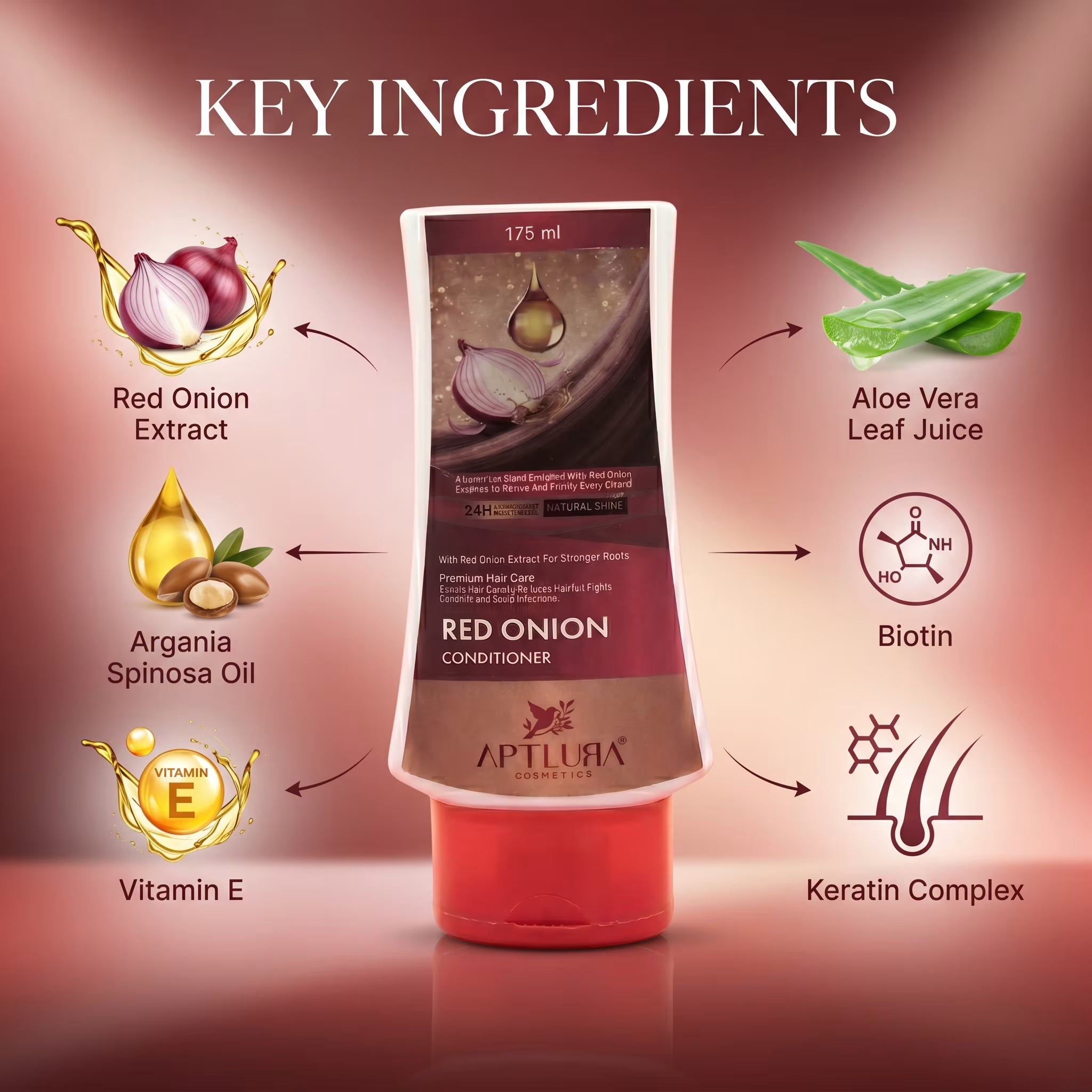 Aptlura Red Onion Conditioner bottle with key ingredients displayed on a gradient background