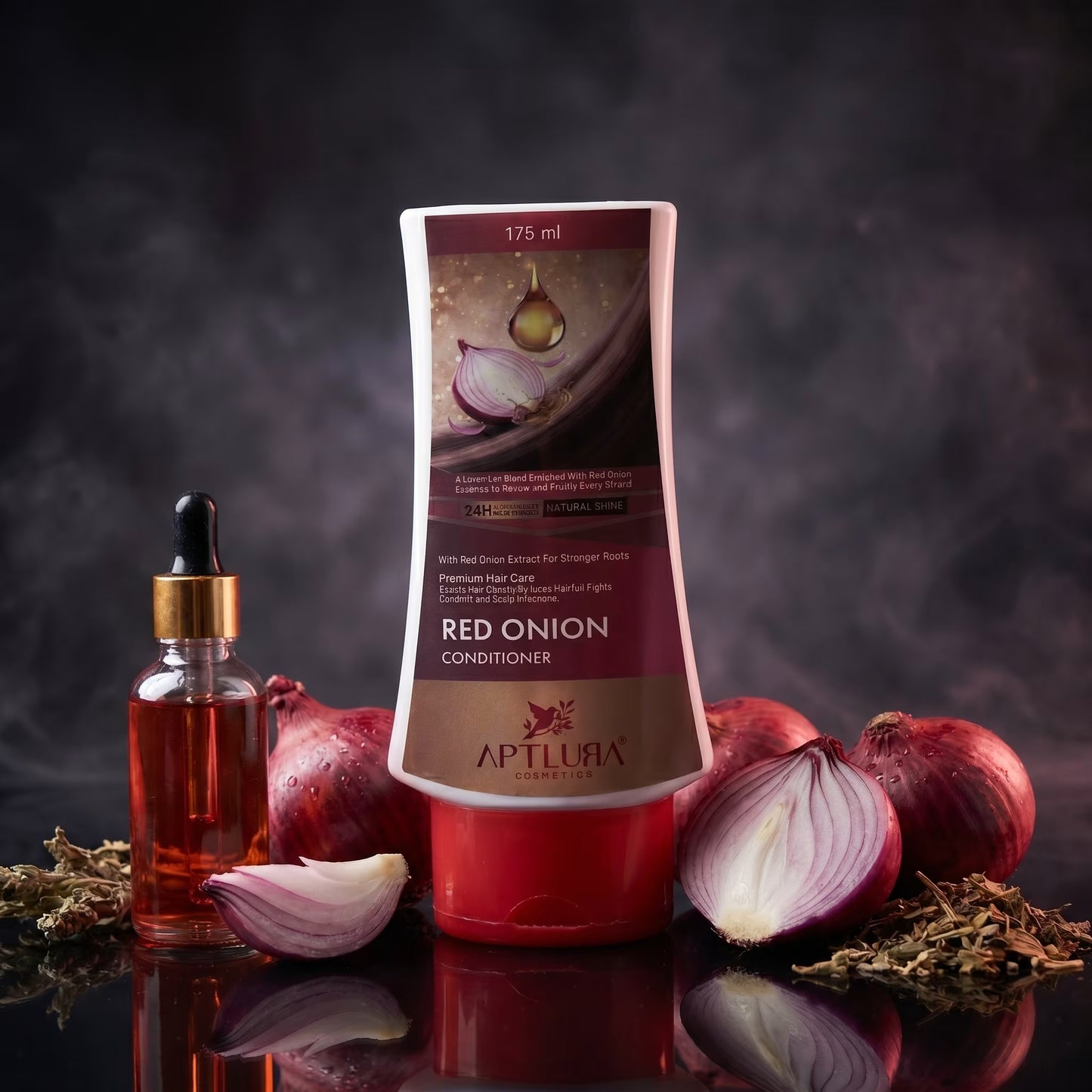 Aptlura Red Onion Conditioner bottle with red onions and a dropper bottle on a dark background