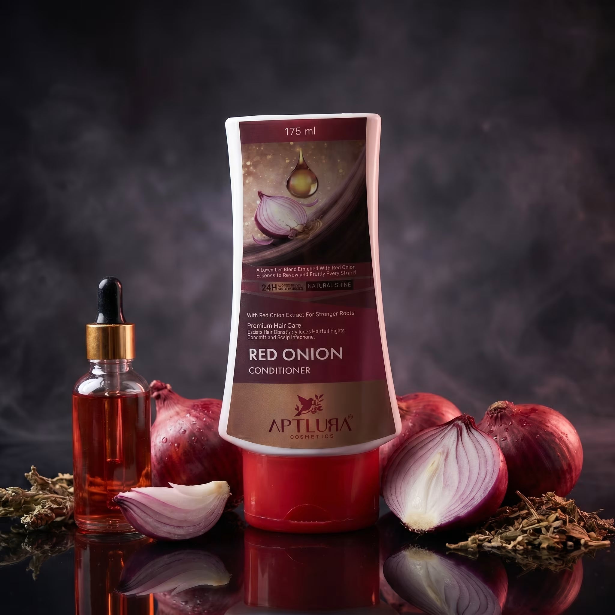 Aptlura Red Onion Conditioner bottle with red onions and a dropper bottle on a dark background