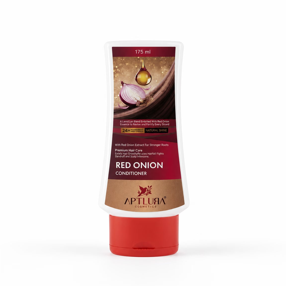 Red onion conditioner bottle with Aptlura branding on a white background
