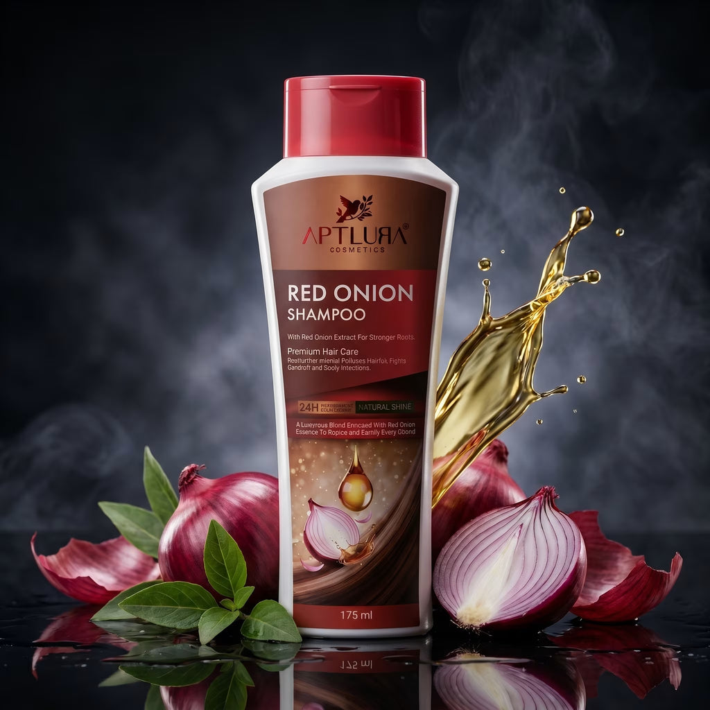 Aptlura Red Onion Shampoo bottle with red onions and oil splash on a dark background