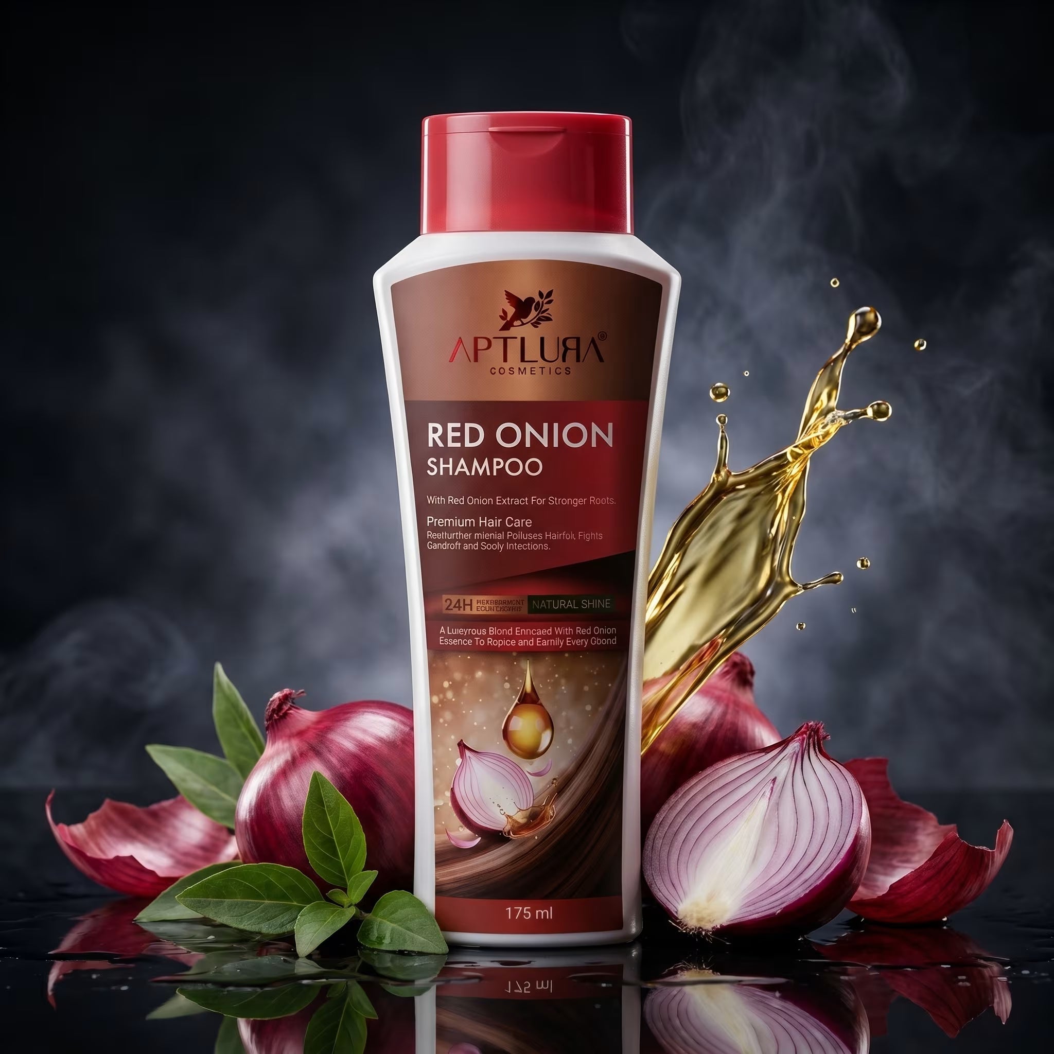 Aptlura Red Onion Shampoo bottle with red onions and oil splash on a dark background