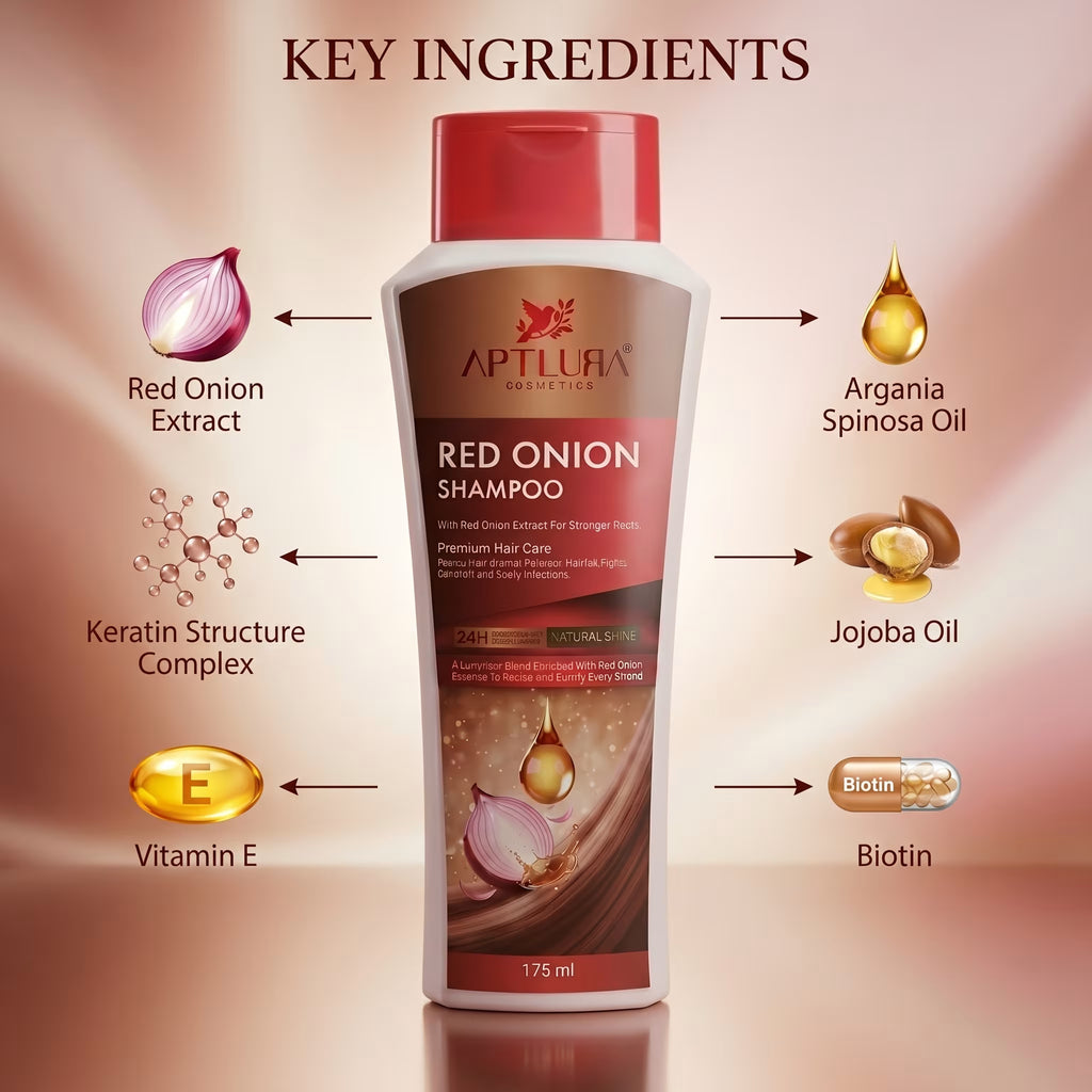 Aptlura Red Onion Shampoo bottle with key ingredients displayed on a gradient background