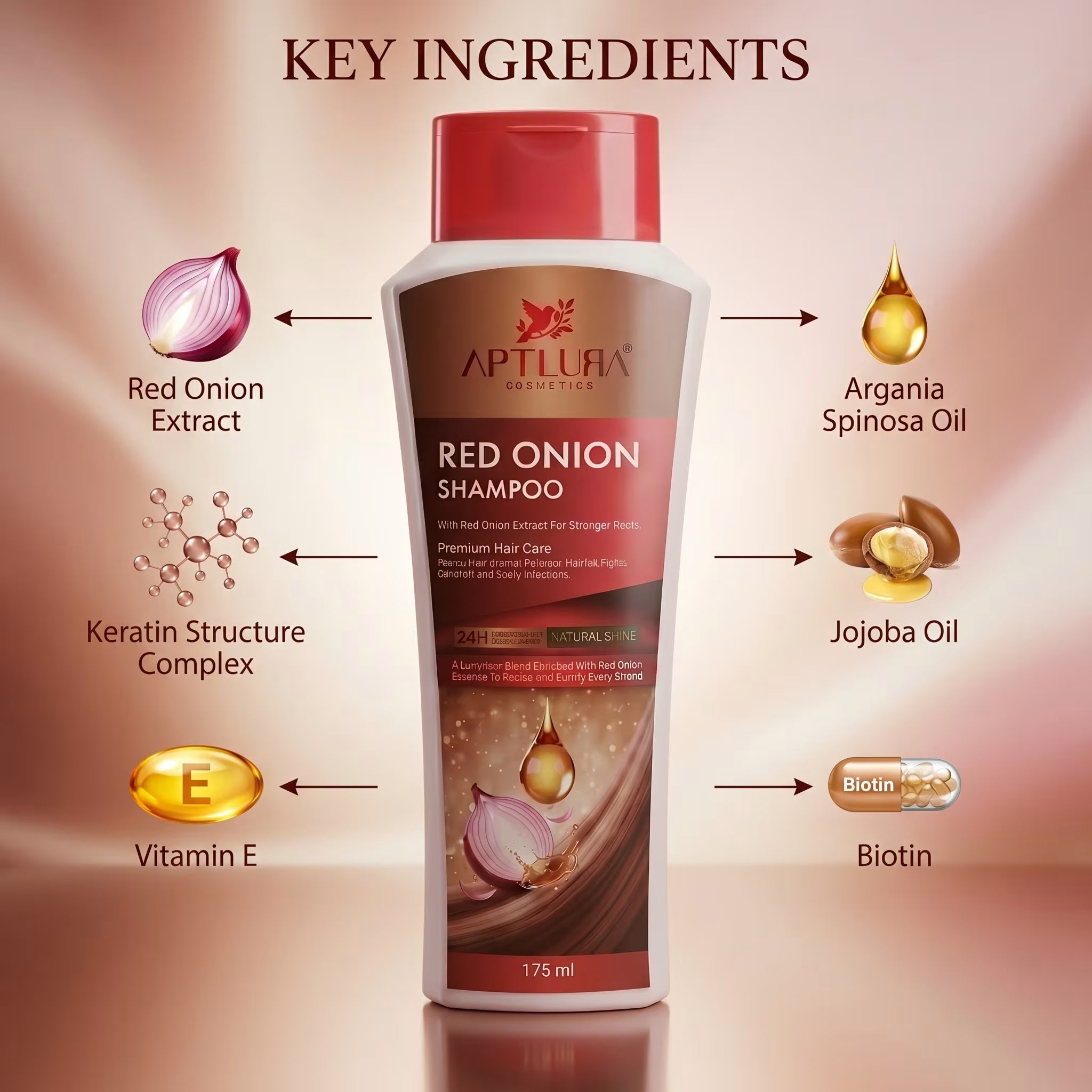 Aptlura Red Onion Shampoo bottle with key ingredients displayed on a gradient background